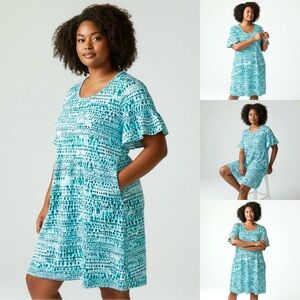 Chico’s Ruffle Sleeve Dress 4 Drops of Rain Teal/White Side Pockets knee Length